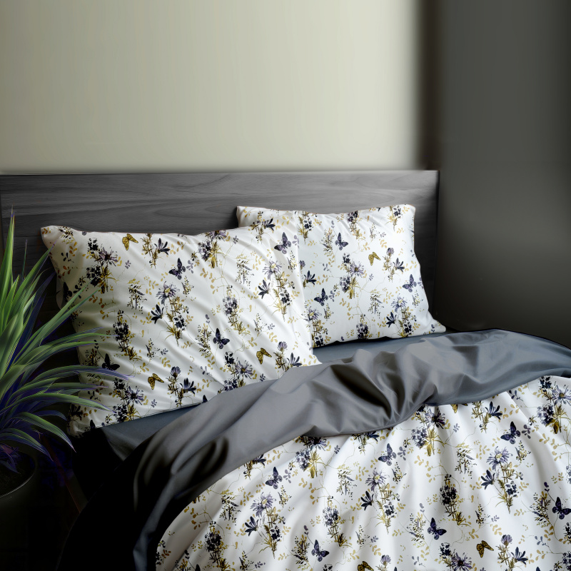 Ervi Bavlněné povlečení oboustranné - Tanec motýlů/tmavě šedé