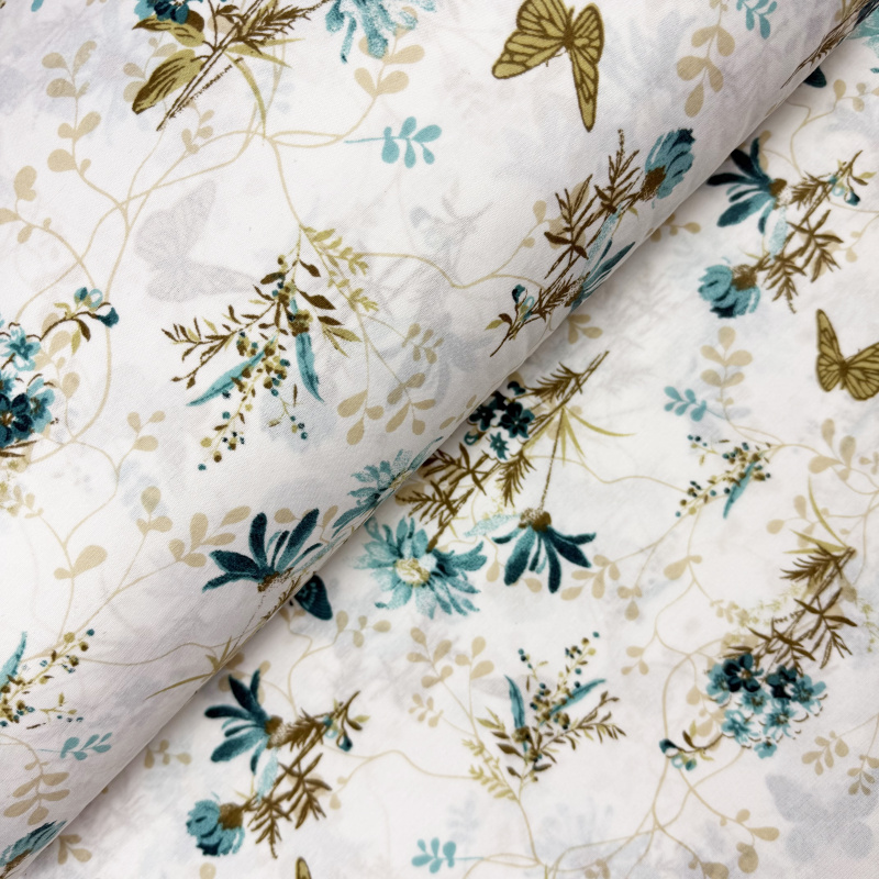 š.240cm Ervi Bavlněná látka/plátno - Tanec motýlů tyrkysový - 6928-2, metráž