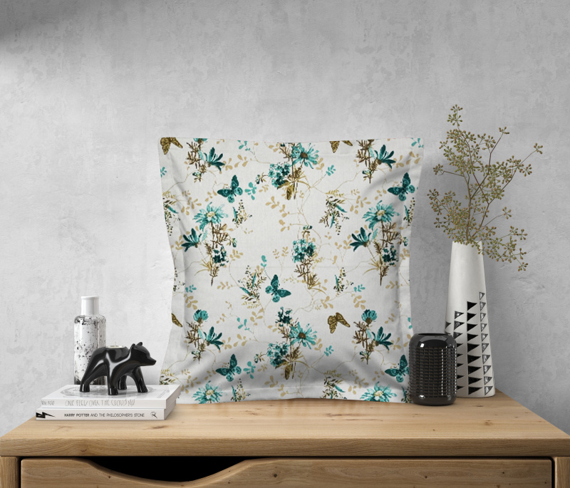 Ervi povlak na polštář bavlněný s lemem - Tanec motýlů tyrkysový