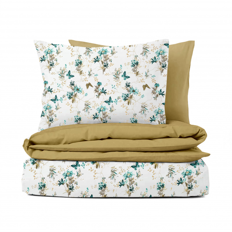 Ervi Bavlněné povlečení oboustranné - Tanec motýlů tyrkysový/hořčice