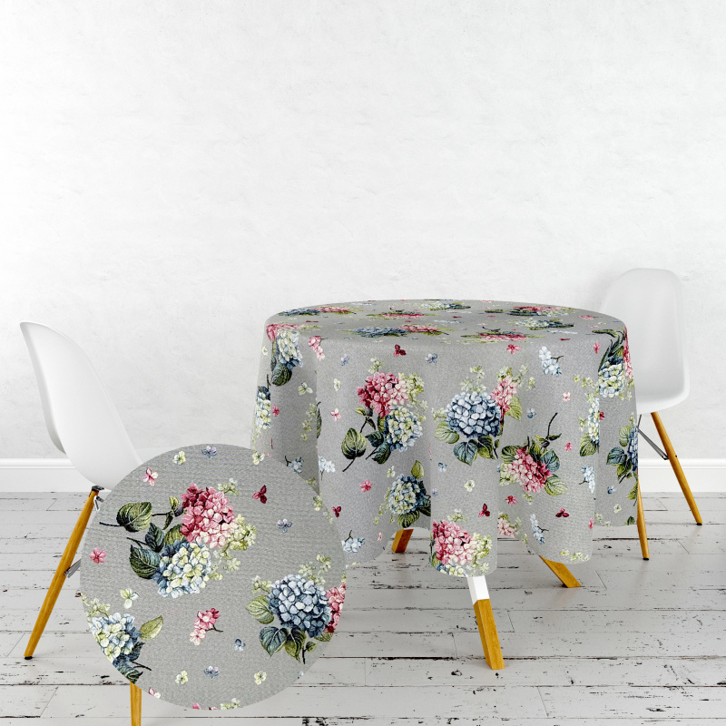 Ervi Gobelínový ubrus na stůl kulatý - Hortenzie na šedém