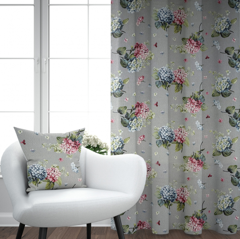 Ervi Gobelínový zatemňovací termo závěs - Hortenzie na šedém