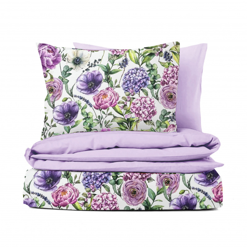 Ervi Bavlněné Saténové povlečení DELUXE DUO - Fialová zahrada/světle fialové